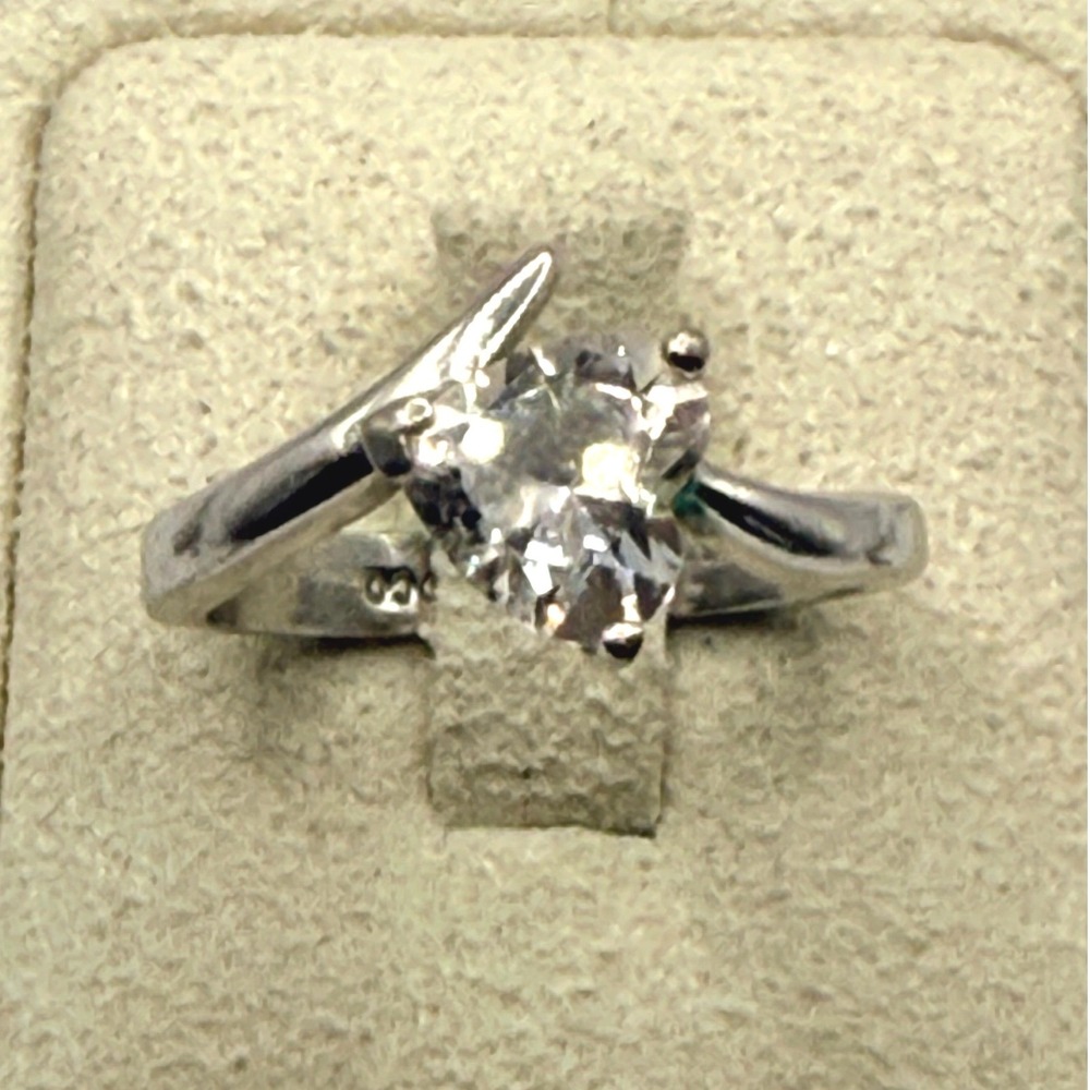 Silver Tone Heart Cut Clear CZ Stone Bypass Ring Size 8 Signed PDCO